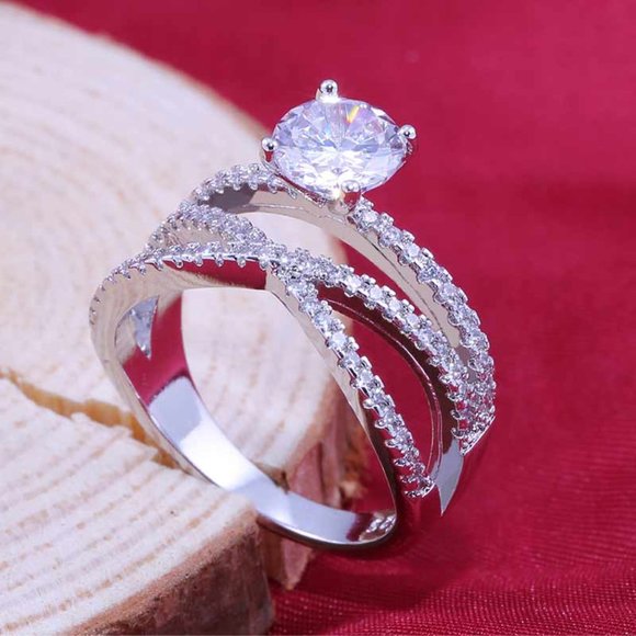 💝Trendy Three Lines Cross Round CZ Stackable Silver Ring for WomenVIP509